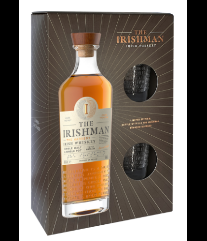 Fles The Irishman The Harvest geschenkverpakking, Ierse whiskey van Walsh Whiskey uit Carlow, op voorraad bij slijterij t Bockje in Bathmen