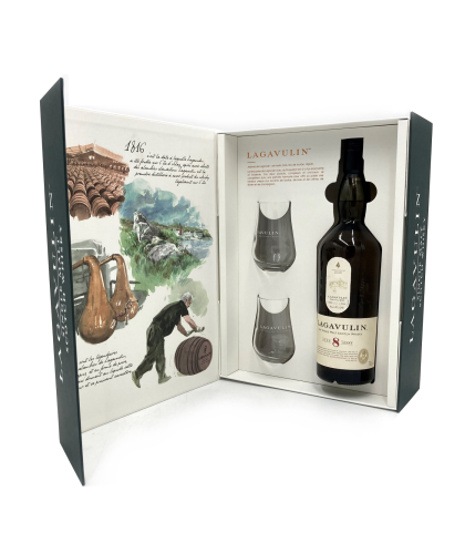 Fles Lagavulin 8 Years Old Giftbox met 2 glazen, whisky, bij slijterij t Bockje in Bathmen