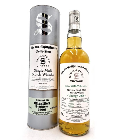 Fles Signatory Un-Chillfiltered Glenlivet 16Y 2006 Van Wees Pot Still Festival 2022, enkel vat gebotteld door Signatory Vintage, op voorraad bij slijterij t Bockje in Bathmen