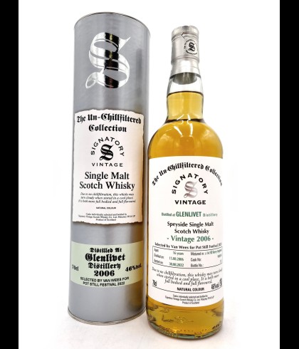 Fles Signatory Un-Chillfiltered Glenlivet 16Y 2006 Van Wees Pot Still Festival 2022, enkel vat gebotteld door Signatory Vintage, op voorraad bij slijterij t Bockje in Bathmen