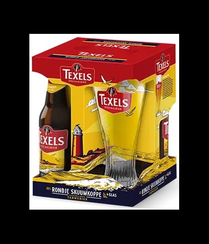 Biergeschenk Rondje Texels Skuumkoppe met drie flesjes en een glas, bij slijterij t Bockje in Bathmen