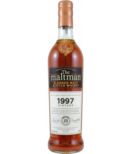 Fles The Maltman Blended Malt 1997, enkel vat gebotteld door The Maltman uit Glasgow, op voorraad bij slijterij t Bockje in Bathmen