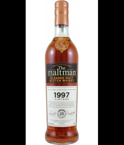 Fles The Maltman Blended Malt 1997, enkel vat gebotteld door The Maltman uit Glasgow, op voorraad bij slijterij t Bockje in Bathmen