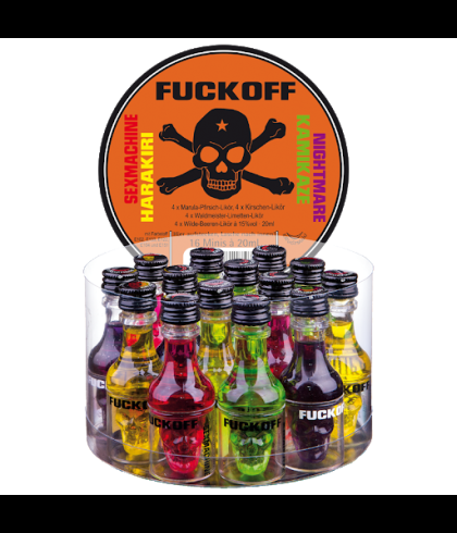 Ronde doos Fuckoff shots met zestien flesjes likeur van 2 centiliter, op voorraad bij slijterij t Bockje in Bathmen