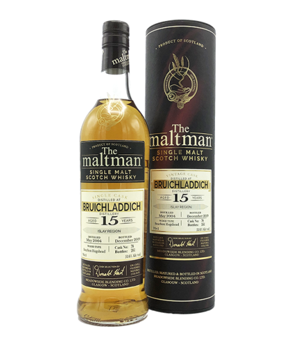Fles The Maltman Bruichladdich 15 Years Old 2004, enkel vat gebotteld door The Maltman uit Glasgow, op voorraad bij slijterij t Bockje in Bathmen