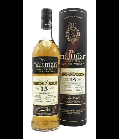 Fles The Maltman Bruichladdich 15 Years Old 2004, enkel vat gebotteld door The Maltman uit Glasgow, op voorraad bij slijterij t Bockje in Bathmen