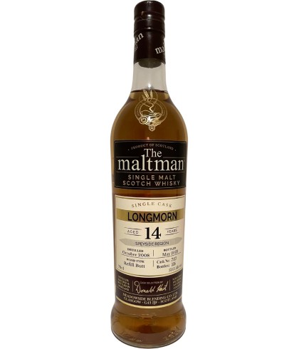 Fles The Maltman Longmorn 2008, enkel vat gebotteld door The Maltman uit Glasgow, op voorraad bij slijterij t Bockje in Bathmen