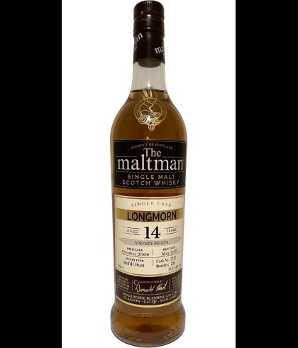 Fles The Maltman Longmorn 2008, enkel vat gebotteld door The Maltman uit Glasgow, op voorraad bij slijterij t Bockje in Bathmen