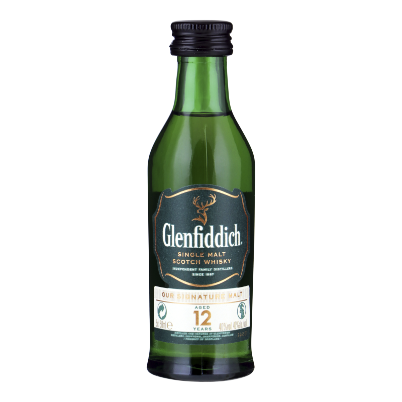 Fles Glenfiddich 12 Years Old – mini, single malt whisky, op voorraad bij slijterij t Bockje in Bathmen