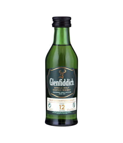 Fles Glenfiddich 12 Years Old – mini, single malt whisky, op voorraad bij slijterij t Bockje in Bathmen