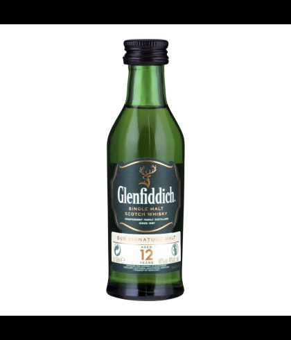 Fles Glenfiddich 12 Years Old &ndash; mini, single malt whisky, op voorraad bij slijterij t Bockje in Bathmen