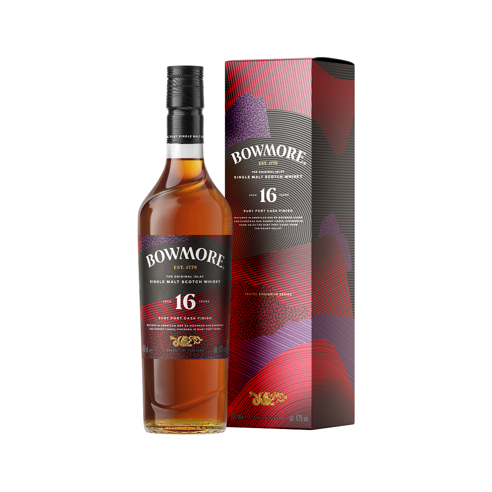 Fles Bowmore 16 Years Ruby Port Cask Finish, single malt whisky, op voorraad bij slijterij t Bockje in Bathmen