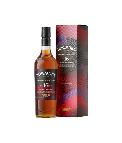 Fles Bowmore 16 Years Ruby Port Cask Finish, single malt whisky, op voorraad bij slijterij t Bockje in Bathmen
