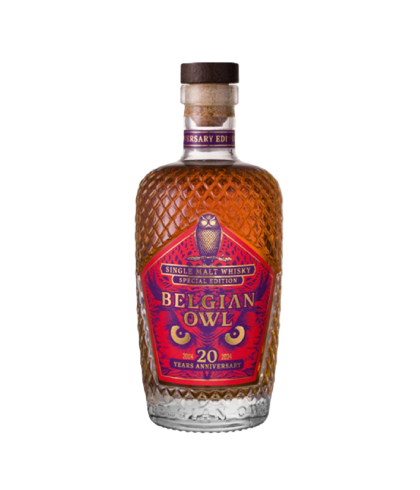 Fles Belgian Owl 20th Anniversary, single malt whisky, op voorraad bij slijterij t Bockje in Bathmen