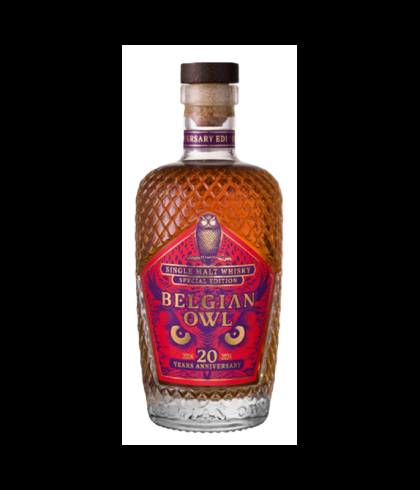 Fles Belgian Owl 20th Anniversary, single malt whisky, op voorraad bij slijterij t Bockje in Bathmen