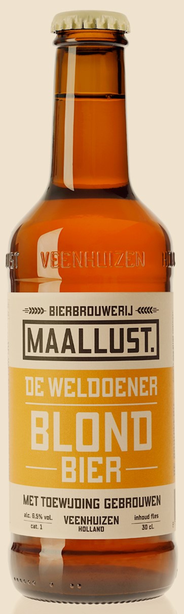 Fles Maallust De Weldoener Blond, bier van Maallust, op voorraad bij slijterij ’t Bockje in Bathmen