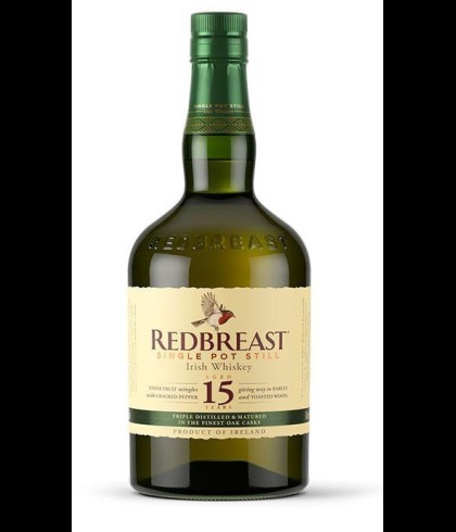 Fles Redbreast 15 Years Old, Ierse single pot still whiskey, op voorraad bij slijterij t Bockje in Bathmen