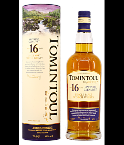 Fles Tomintoul 16 Years Old, Speyside single malt whisky, op voorraad bij slijterij t Bockje in Bathmen