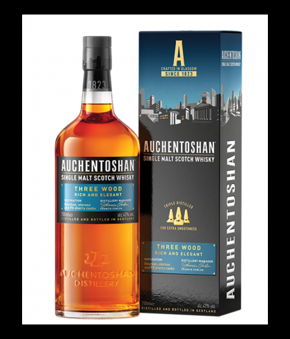 Fles Auchentoshan Three Wood, single malt whisky, op voorraad bij slijterij t Bockje in Bathmen