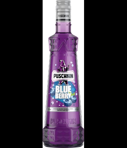 Fles Puschkin Blueberry, wodka, bij slijterij t Bockje in Bathmen
