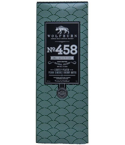 Fles Wolfburn Small Batch Release No. 458 Peated PX, Schotse single malt whisky uit Thurso, op voorraad bij slijterij t Bockje in Bathmen