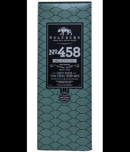 Fles Wolfburn Small Batch Release No. 458 Peated PX, Schotse single malt whisky uit Thurso, op voorraad bij slijterij t Bockje in Bathmen