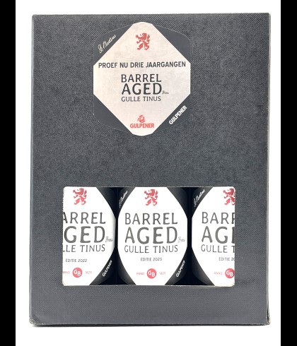 Gulpener Barrel Aged Gulle Tienus geschenkverpakking met drie jaargangen, op voorraad bij slijterij t Bockje in Bathmen