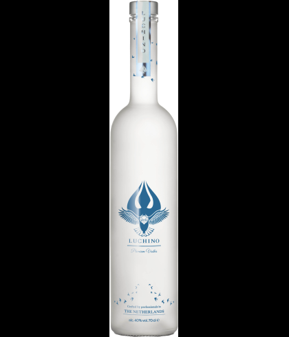 Fles Luchino Vodka One met Delfts blauw dessin, op voorraad bij slijterij t Bockje in Bathmen