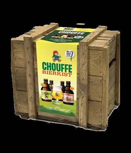 Chouffe bierbox, houten kist met vier flesjes en een bokaal, bij slijterij t Bockje in Bathmen