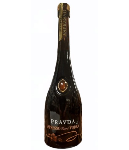 Fles Pravda Espresso Flavord Vodka, wodka, op voorraad bij slijterij t Bockje in Bathmen