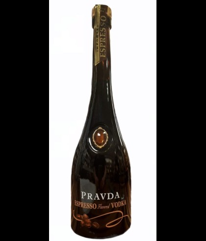 Fles Pravda Espresso Flavord Vodka, wodka, op voorraad bij slijterij t Bockje in Bathmen