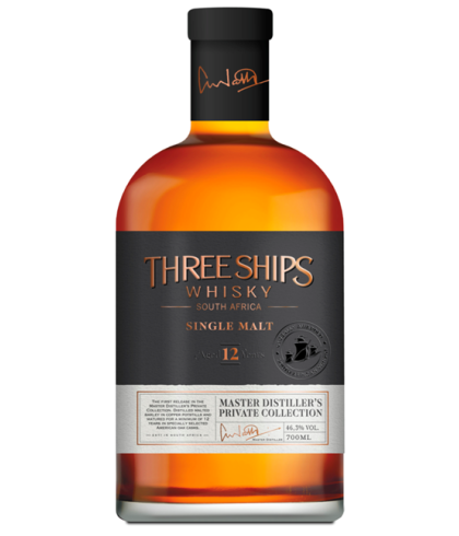 Fles THREE SHIPS 12Y. SOUTH AFRICAN SINGLE MALT, whisky, op voorraad bij slijterij t Bockje in Bathmen