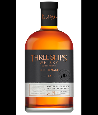 Fles THREE SHIPS 12Y. SOUTH AFRICAN SINGLE MALT, whisky, op voorraad bij slijterij t Bockje in Bathmen