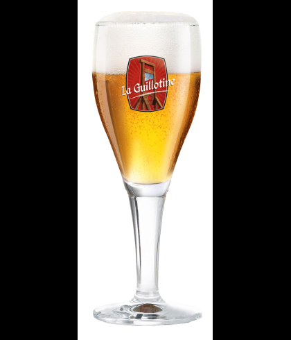 La Guillotine bierglas op rode voet met gouden rand, op voorraad bij slijterij t Bockje in Bathmen