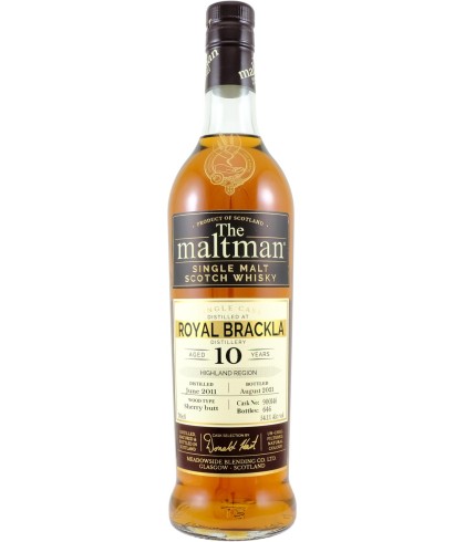 Fles The Maltman Royal Brackla 10 Years Old, enkel vat gebotteld door The Maltman uit Glasgow, op voorraad bij slijterij t Bockje in Bathmen