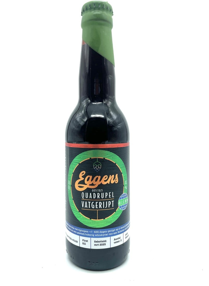 Fles Eggens Quadrupel Vatgerijpt 007/2025, bier van Eggens, op voorraad bij slijterij ’t Bockje in Bathmen