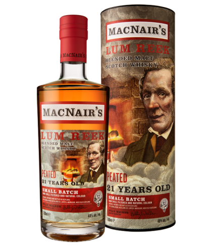 Fles Macnair's Lum Reek 21Y Blended Peated Small Batch, whisky, op voorraad bij slijterij t Bockje in Bathmen