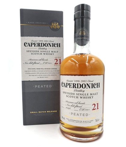 Fles CAPERDONICH 21 Years Old Peated CP/001, whisky, op voorraad bij slijterij ’t Bockje in Bathmen