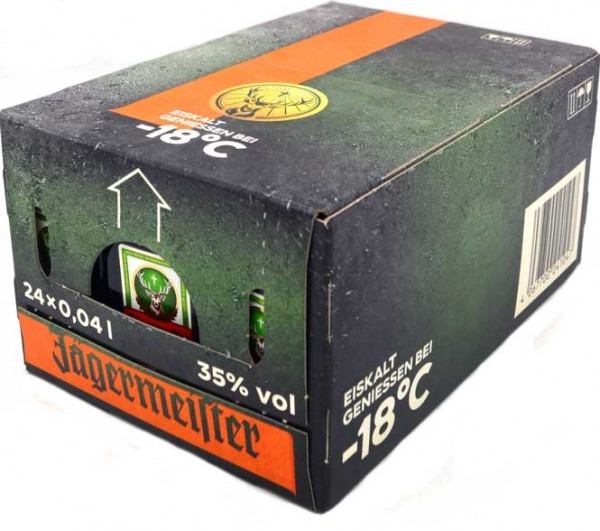 Bitter Jagermeister mini 4cl. doos 24 stuks van Jägermeister, op voorraad bij slijterij ’t Bockje in Bathmen