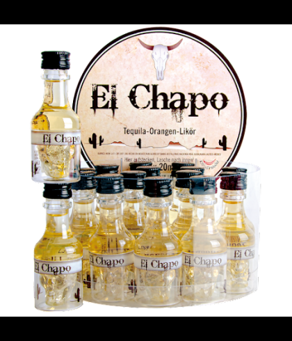 Doos El Chapo met zestien flesjes van 20 milliliter, op voorraad bij slijterij t Bockje in Bathmen