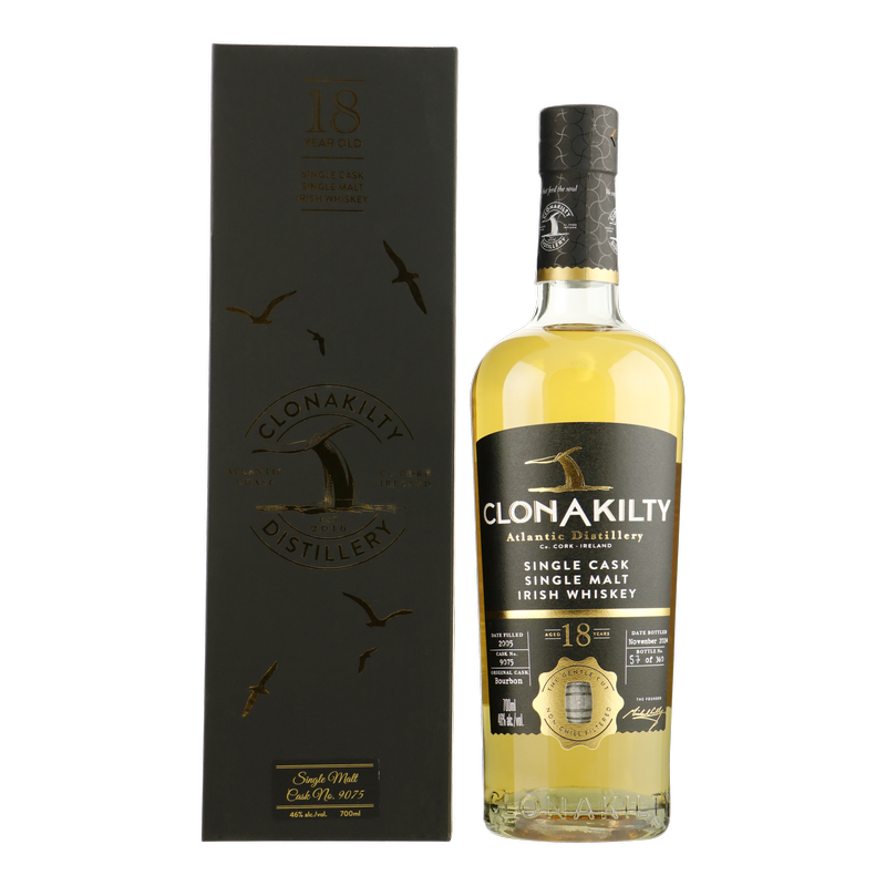 Fles Clonakilty 18 Years Old Single Cask Single Malt, single malt whisky, op voorraad bij slijterij t Bockje in Bathmen