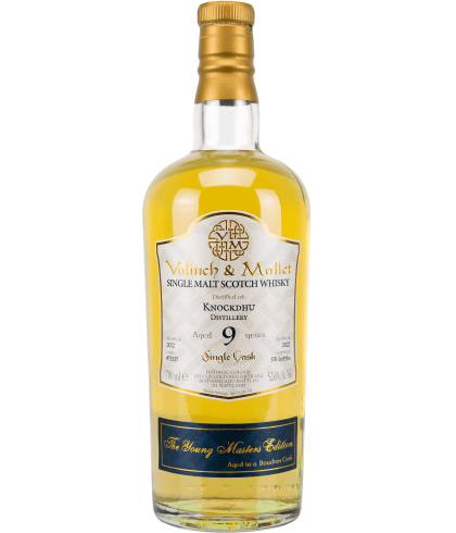 Fles Valinch en Mallet The Young Masters Knockdhu 9 Years Old 2012, enkel vat gebotteld door Valinch en Mallet, op voorraad bij slijterij t Bockje in Bathmen