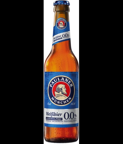 Fles Paulaner Hefe Weizen Alcoholvrij 0,0 van 33 centiliter, alcoholvrij Duits tarwebier, op voorraad bij slijterij t Bockje in Bathmen