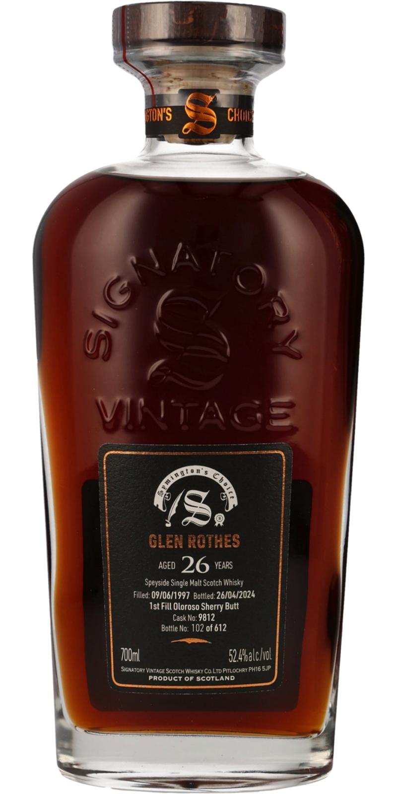 Fles Signatory Glenrothes 26 Years Old 1997, single malt whisky, op voorraad bij slijterij t Bockje in Bathmen