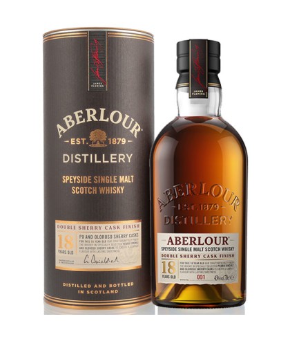 Fles Aberlour 18 Years Old Double Cask PX en Oloroso, Speyside single malt whisky, op voorraad bij slijterij t Bockje in Bathmen