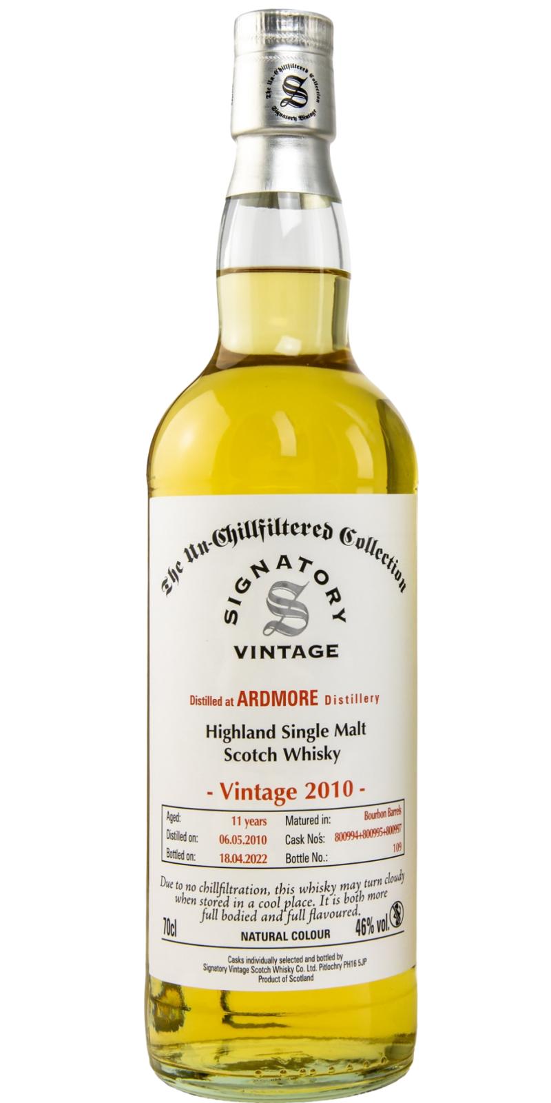 Fles Signatory Un-Chillfiltered Ardmore 11Y 2010, geturfde Highland single malt van de Ardmore-distilleerderij, op voorraad bij slijterij t Bockje in Bathmen