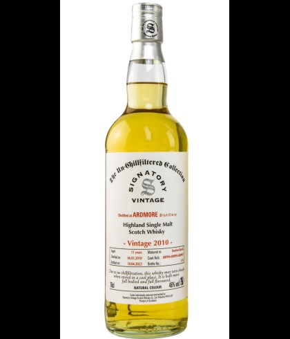 Fles Signatory Un-Chillfiltered Ardmore 11Y 2010, geturfde Highland single malt van de Ardmore-distilleerderij, op voorraad bij slijterij t Bockje in Bathmen