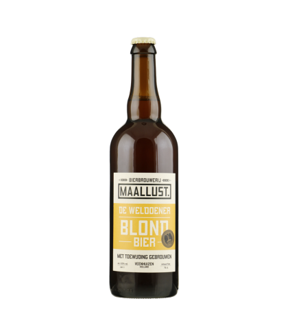 Fles Maallust De Weldoener Blond, bier van Maallust, bij slijterij t Bockje in Bathmen