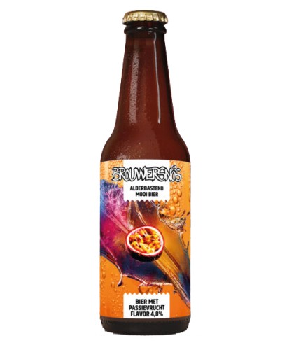 Fles Brouwersnös Fruitbier Passievrucht, bier van Brouwersnos, bij slijterij t Bockje in Bathmen