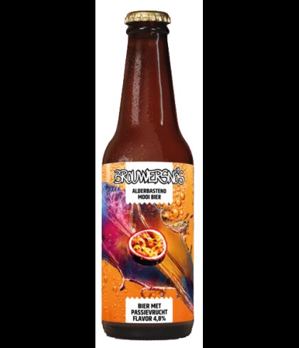 Fles Brouwersnös Fruitbier Passievrucht, bier van Brouwersnos, bij slijterij t Bockje in Bathmen